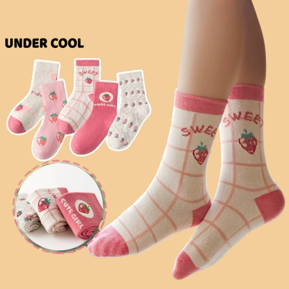 Set 5 Đôi Tất Vớ Cotton trẻ em 1-12 tuổi UNDERCOOL Chống trượt họa tiết Dâu Hồng, xinh xắn dễ thương TC59