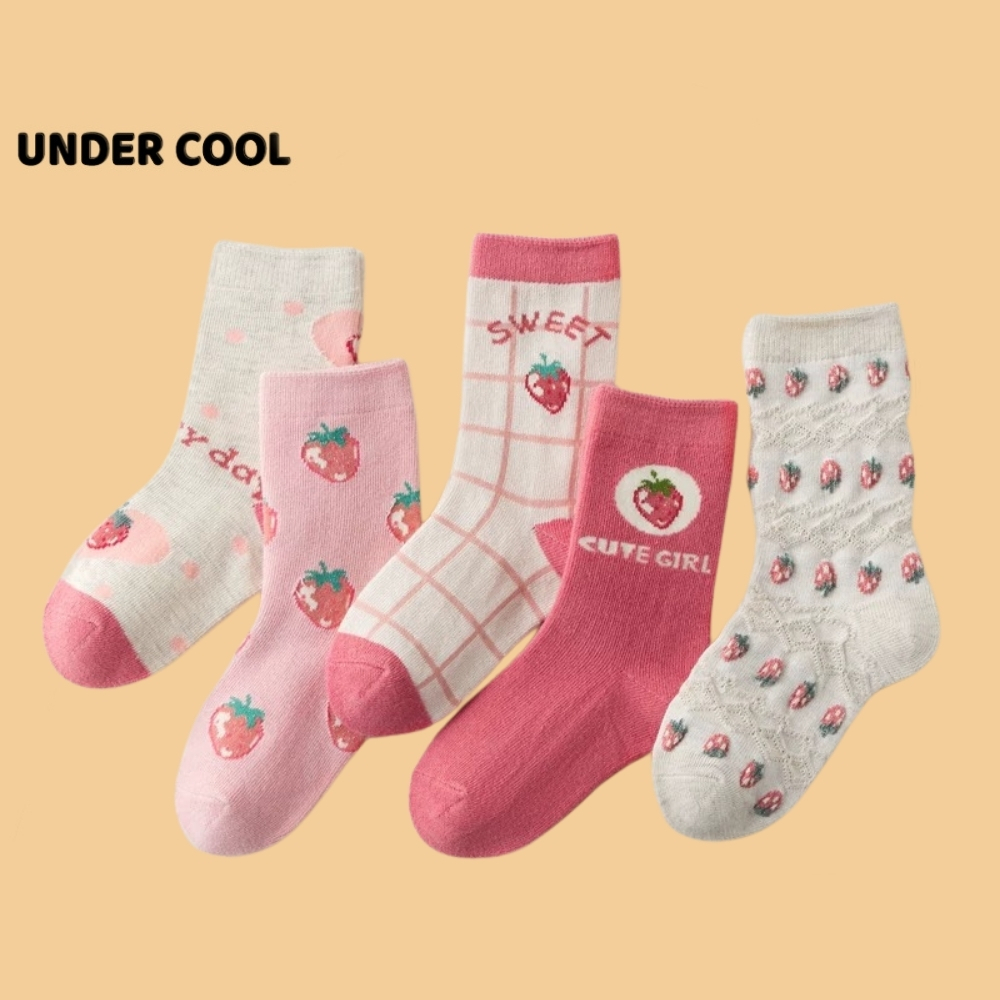Set 5 Đôi Tất Vớ Cotton trẻ em 1-12 tuổi UNDERCOOL Chống trượt họa tiết Dâu Hồng, xinh xắn dễ thương TC59