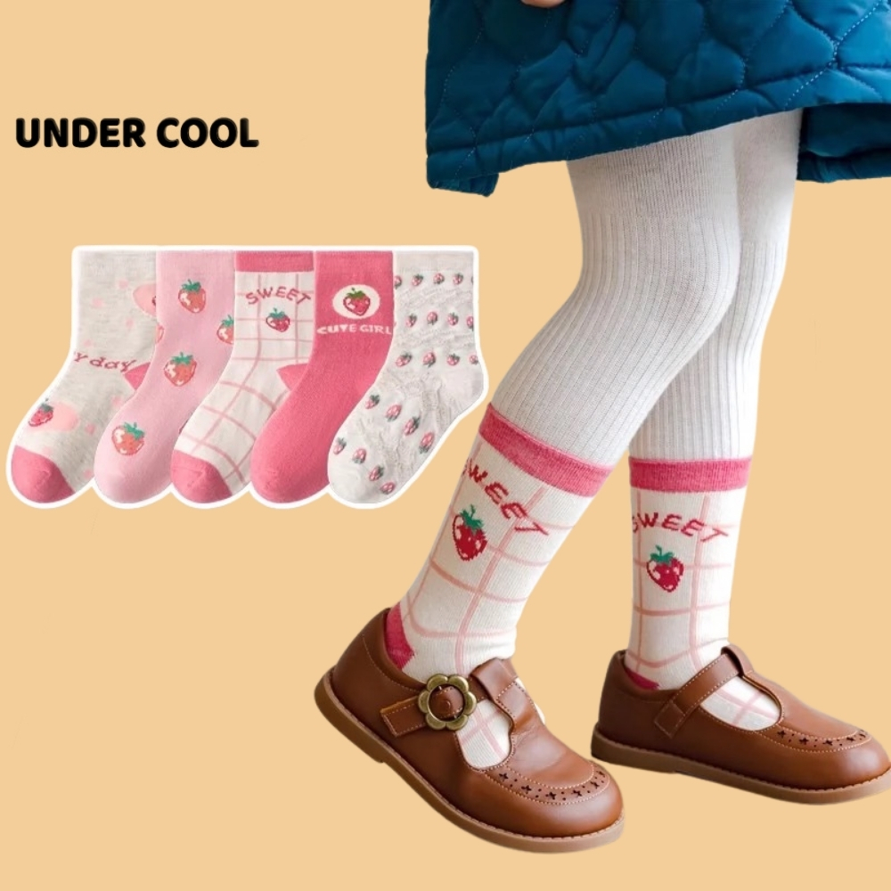 Set 5 Đôi Tất Vớ Cotton trẻ em 1-12 tuổi UNDERCOOL Chống trượt họa tiết Dâu Hồng, xinh xắn dễ thương TC59