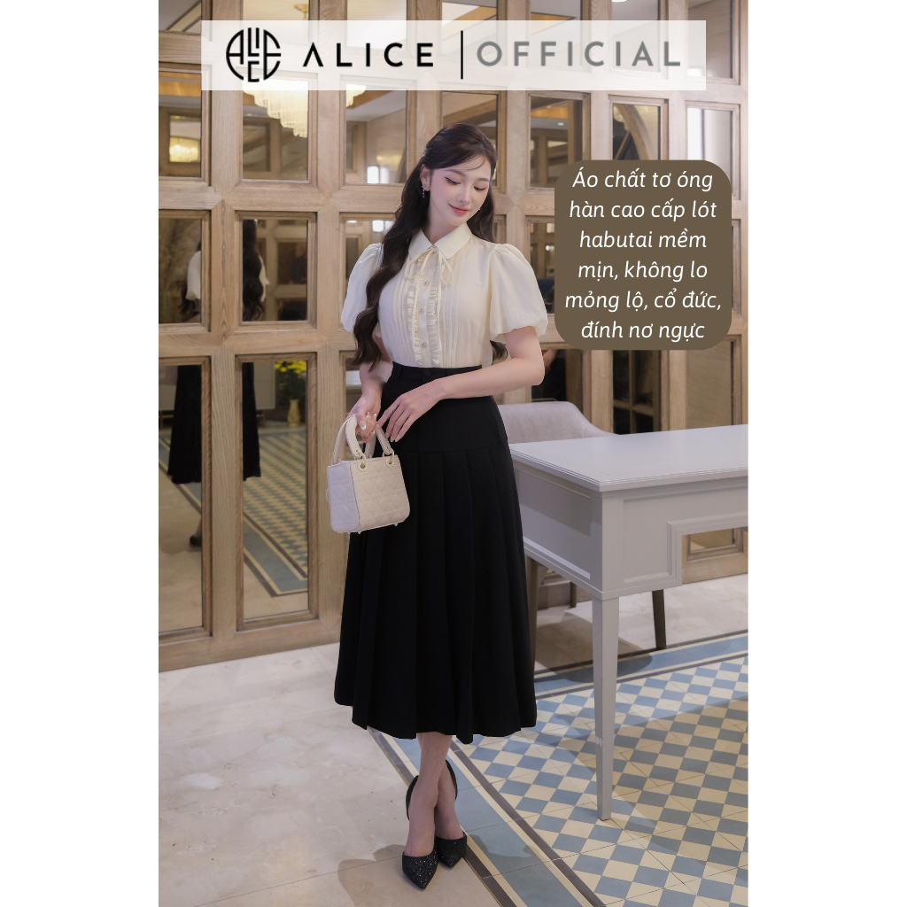 Ảnh Set Đồ Công Sở Áo Sơ Mi Cổ Đức Kèm Chân Váy Dáng Dài ALICE Thiết Kế Tay Bồng Xếp Li Ngực S675 3