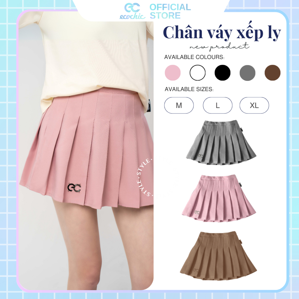 Chân Váy Tennis Xếp Ly Chính Hãng ECOCHIC Dáng Xoè Ngắn Cạp Cao Có Lót Trong Màu Trắng Đen Xám Hồng Nâu F537