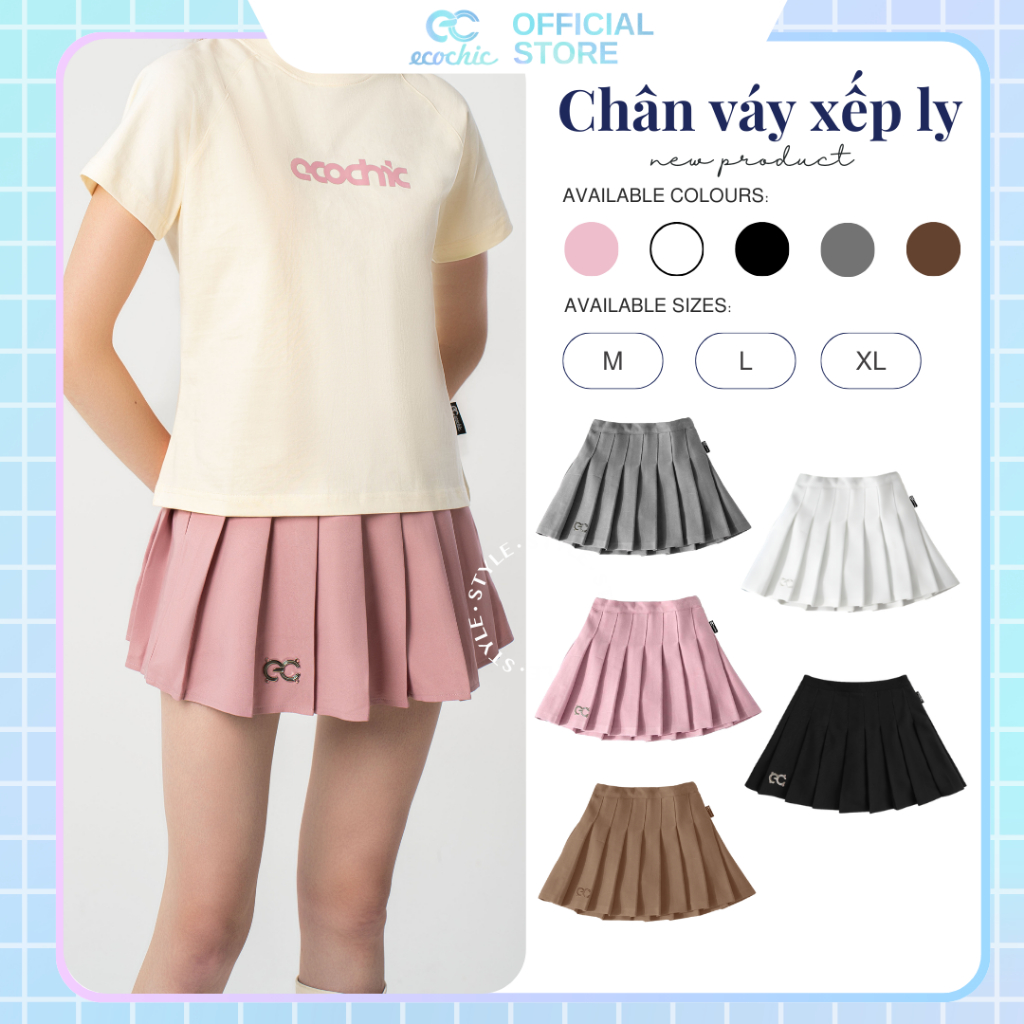 Chân Váy Tennis Xếp Ly Chính Hãng ECOCHIC Dáng Xoè Ngắn Cạp Cao Có Lót Trong Màu Trắng Đen Xám Hồng Nâu F537