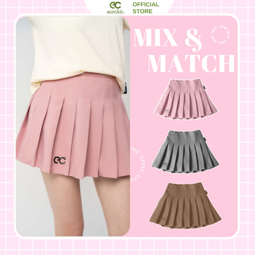 Chân Váy Tennis Xếp Ly Chính Hãng ECOCHIC Dáng Xoè Ngắn Cạp Cao Có Lót Trong Màu Trắng Đen Xám Hồng Nâu F537