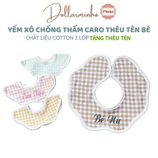 Yếm xô cổ tròn xoay 360 THÊU TÊN mang phong cách Hàn Quốc cho bé, Hoạ tiết kẻ Caro bắt mắt