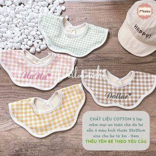 Yếm xô cổ tròn xoay 360 THÊU TÊN mang phong cách Hàn Quốc cho bé, Hoạ tiết kẻ Caro bắt mắt