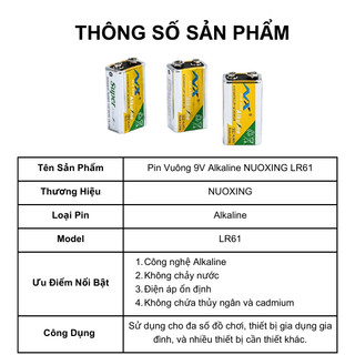 Pin Vuông 9V Alkaline NUOXING LR61 – Pin 9V Cho Micro, Đồng Hồ, Thiết Bị Báo Khói