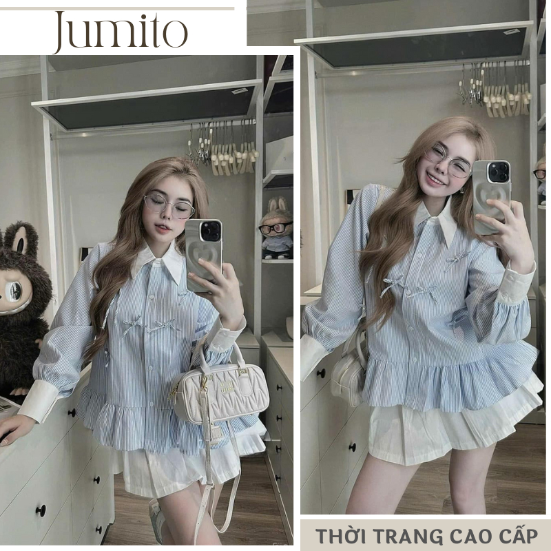 Set đồ nữ áo sơ mi dài tay đính nơ phối chân hàng siêu hot Jumo, đồ bộ nữ áo chất thô đũi kèm chân váy xòe HCOM3097