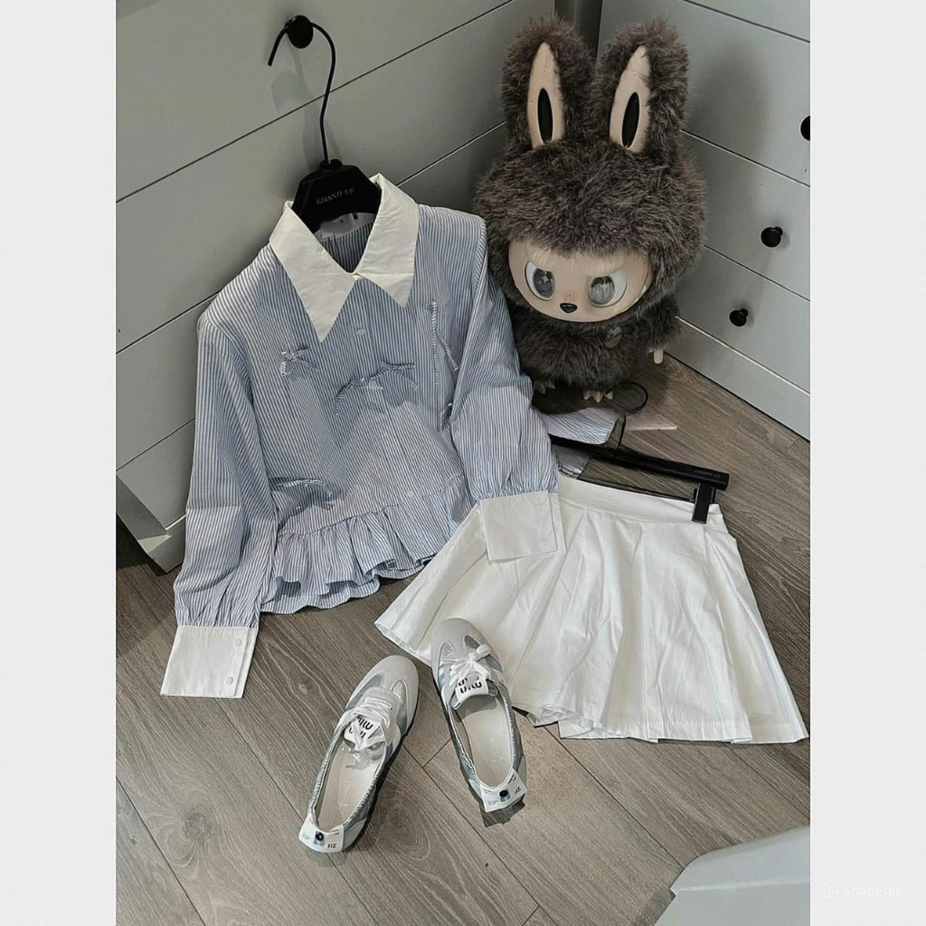 Set đồ nữ áo sơ mi dài tay đính nơ phối chân hàng siêu hot Jumo, đồ bộ nữ áo chất thô đũi kèm chân váy xòe HCOM3097