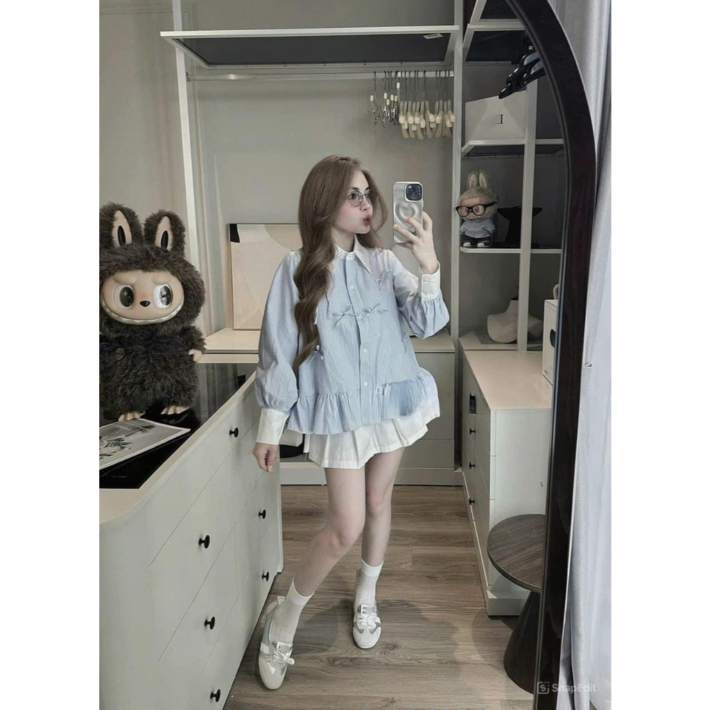 Set đồ nữ áo sơ mi dài tay đính nơ phối chân hàng siêu hot Jumo, đồ bộ nữ áo chất thô đũi kèm chân váy xòe HCOM3097