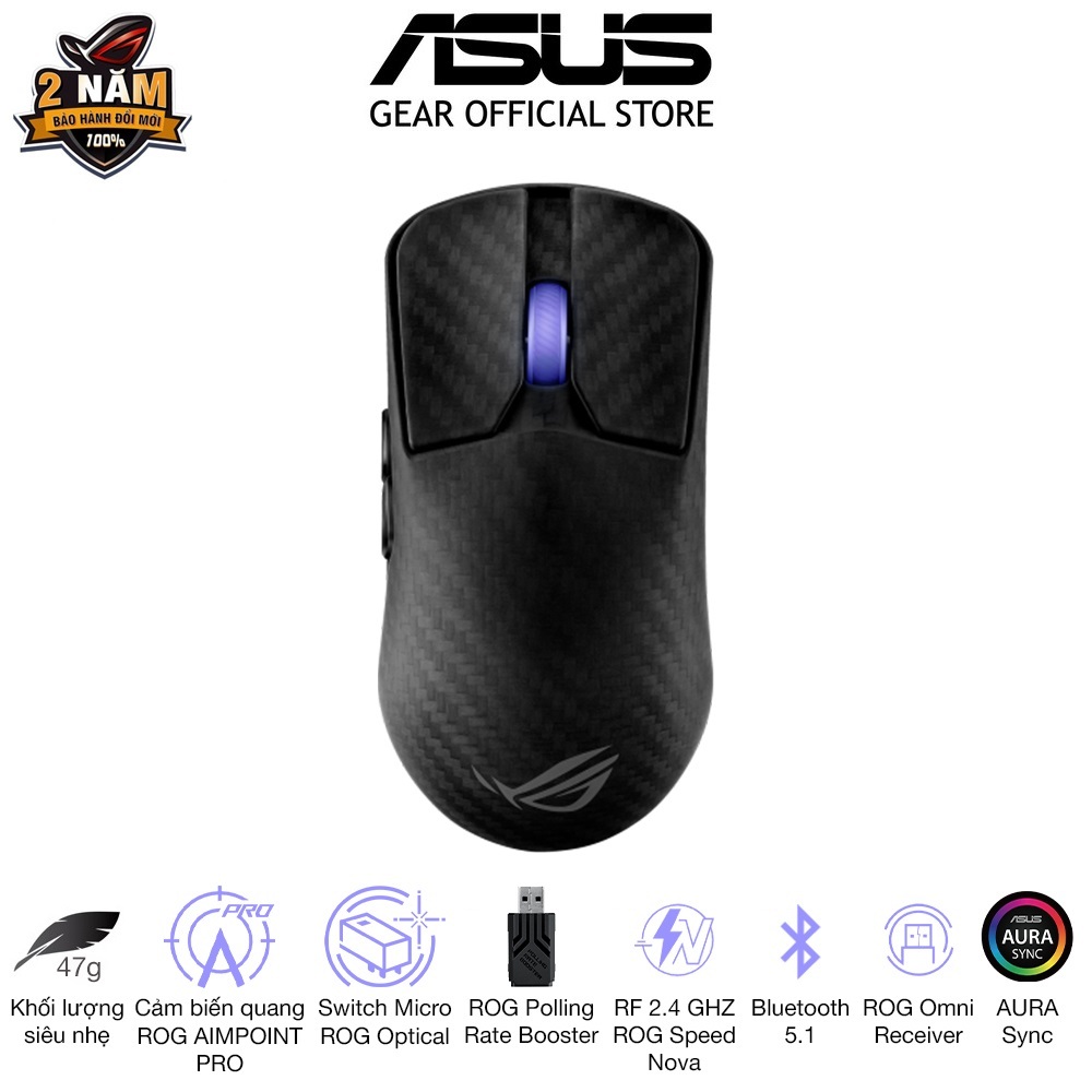 Chuột gaming không dây ASUS ROG Harpe Ace Extreme, khối lượng 47g, cảm biến quang ROG Aimpoint Pro