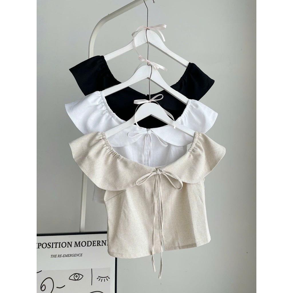 Áo Trễ Vai Croptop Viền Bèo BABY TOP Buộc Dây Nơ Có Chun Tay Chất Liệu Linen Cao Cấp SAN Clothings - P68