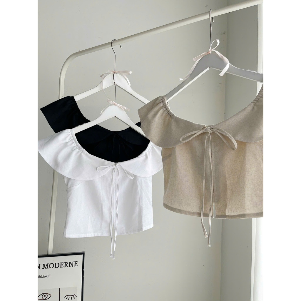 Áo Trễ Vai Croptop Viền Bèo BABY TOP Buộc Dây Nơ Có Chun Tay Chất Liệu Linen Cao Cấp SAN Clothings - P68