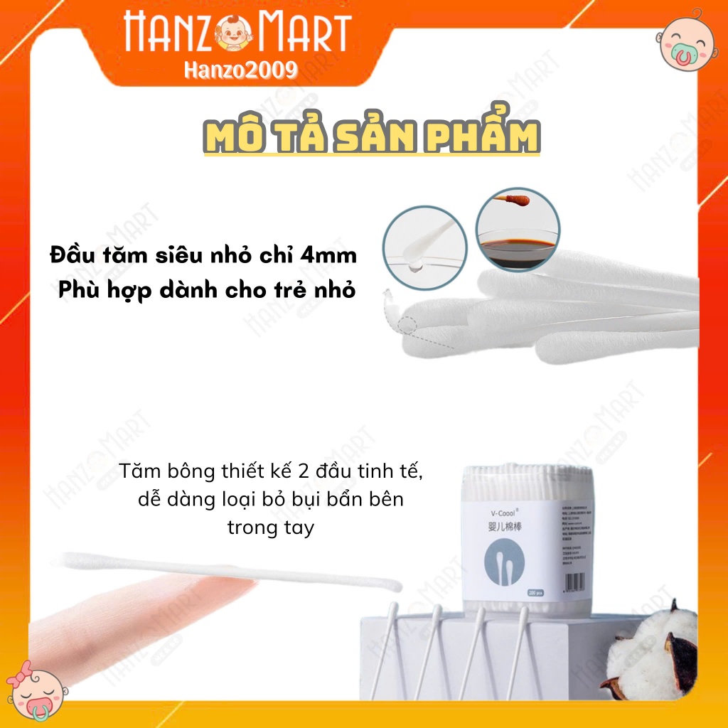 Tăm bông trẻ em Vcool kháng khuẩn ( hộp 200 que lõi giấy) cho bé sơ sinh ngoáy tai, mũi