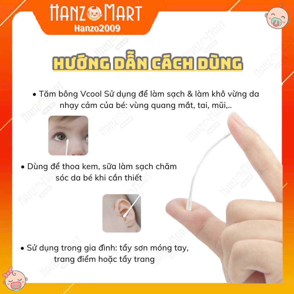 Tăm bông trẻ em Vcool kháng khuẩn ( hộp 200 que lõi giấy) cho bé sơ sinh ngoáy tai, mũi