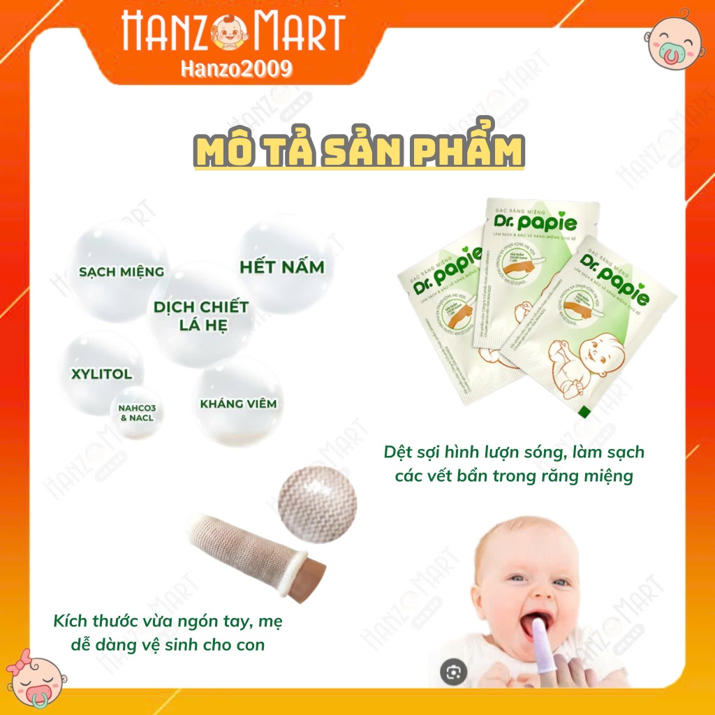 Gạc Rơ Lưỡi Dr Papie Vệ Sinh Răng Miệng Cho Bé Từ Sơ Sinh , Hộp 30 gói. hanzomart