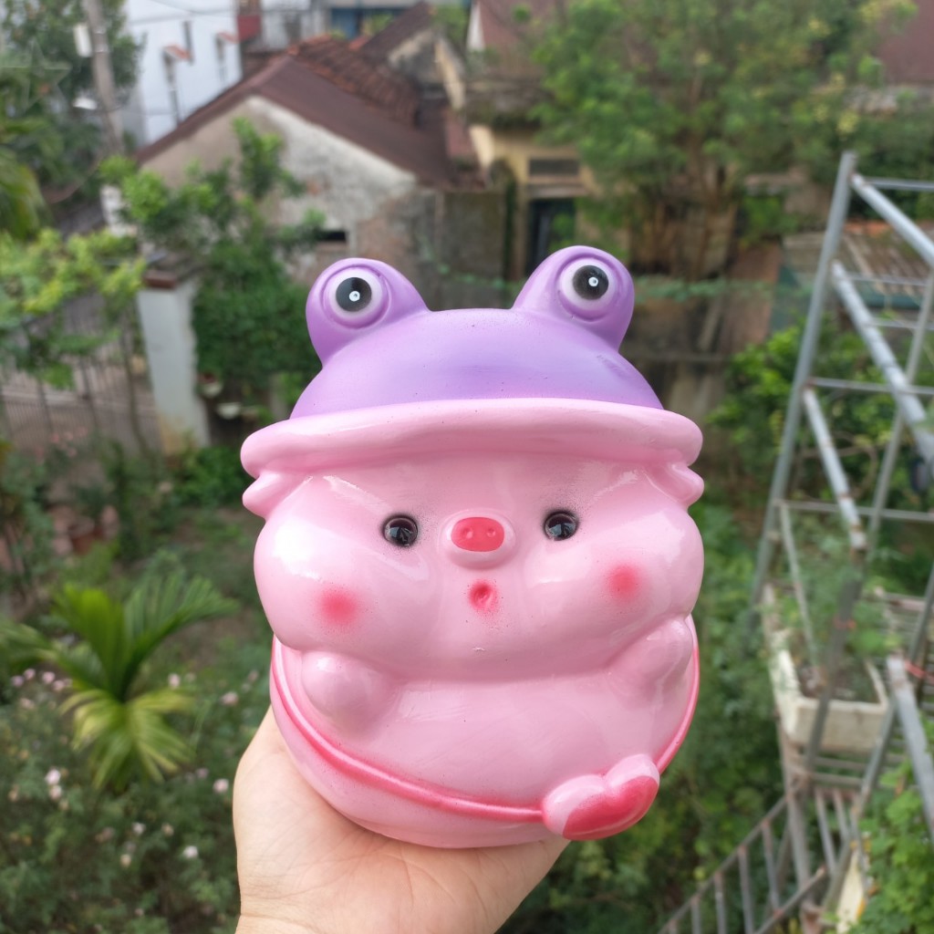 Heo đất tiết kiệm Heo đội mũ ếch size nhỏ-ống tiết kiệm lợn đất tiết kiệm quà tặng trang trí