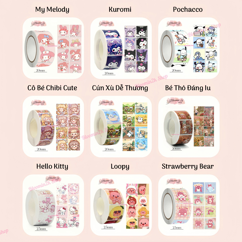 [SẴN HÀNG] Cuộn 500 Sticker Nhãn Dán Vuông Họa Tiết Hoạt Hình Ngộ ...