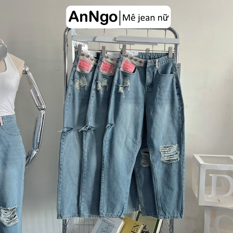 Quần baggy jean nữ ống suông rách gối cực cá tính Anngo - AT351