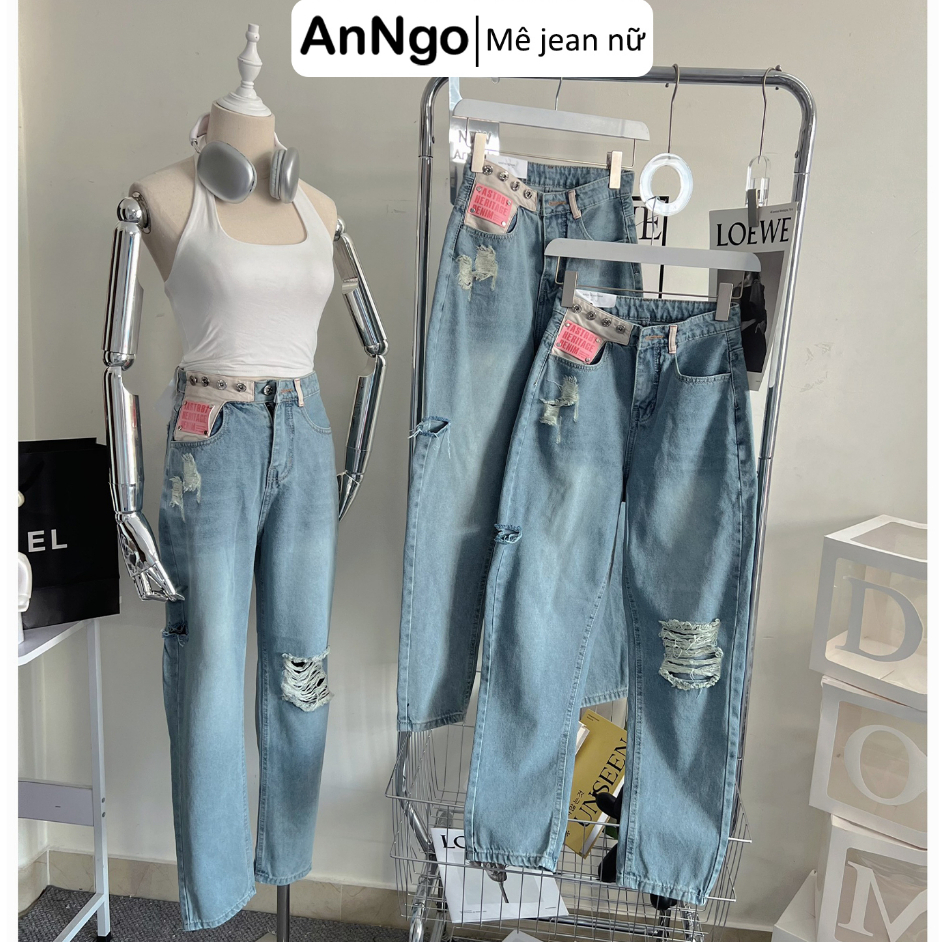 Quần baggy jean nữ ống suông rách gối cực cá tính Anngo - AT351