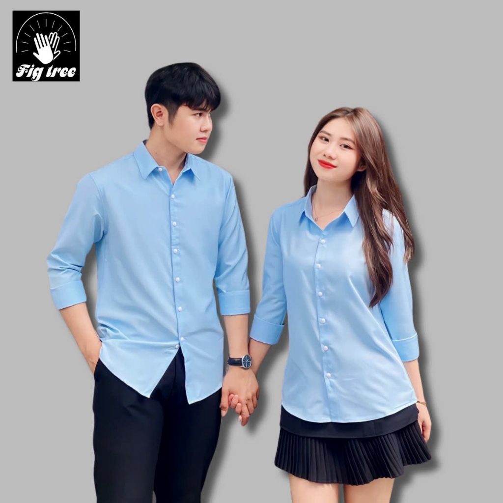 Áo Sơ Mi Cặp Đôi, Sơ Mi Nam Nữ Fig Tree Màu Xanh Nhạt Nhẹ Nhàng, Chất Cotton Trơn, Size 40-110kg
