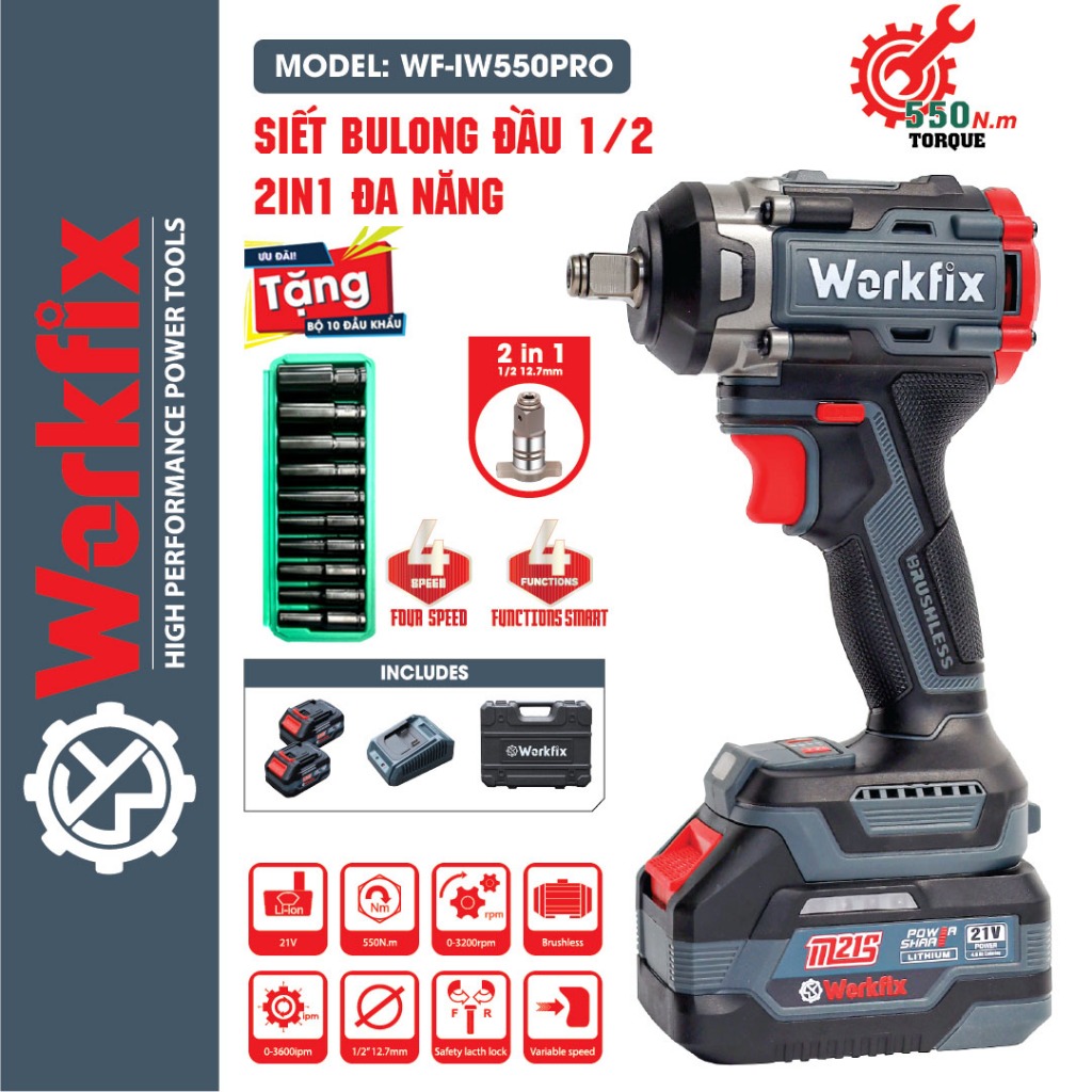 Máy Siết Bulong WORKFIX 550Pro, Lực siết 550Nm, 4 Cấp Lực và chế độ thông minh, Đầu Bulong 2 trong 1