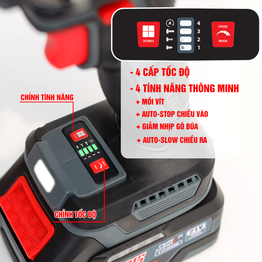 Máy Siết Bulong WORKFIX 550Pro, Lực siết 550Nm, 4 Cấp Lực và chế độ thông minh, Đầu Bulong 2 trong 1
