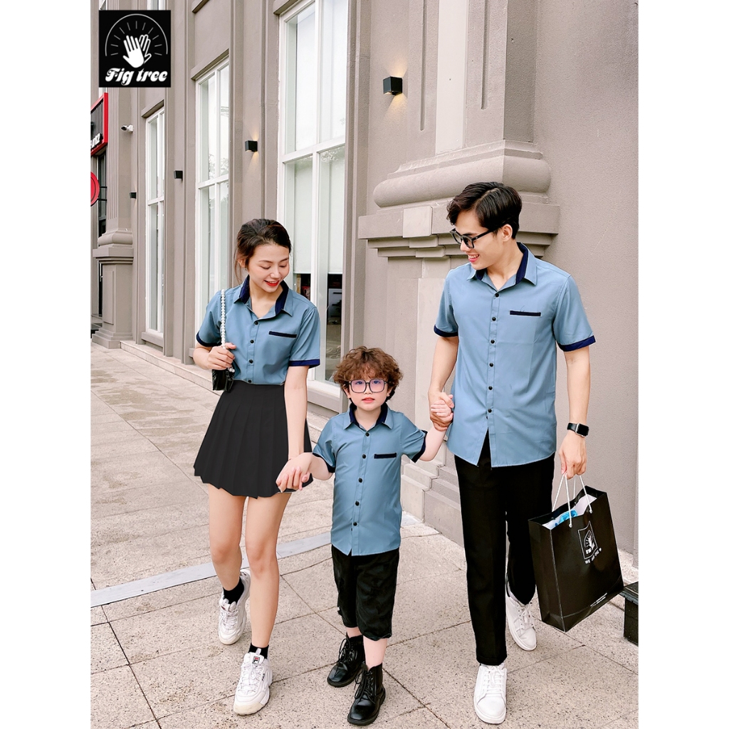 Combo Áo Sơ Mi Đồng Phục Gia Đình Fig Tree Xanh Mint Phối Siêu Xinh