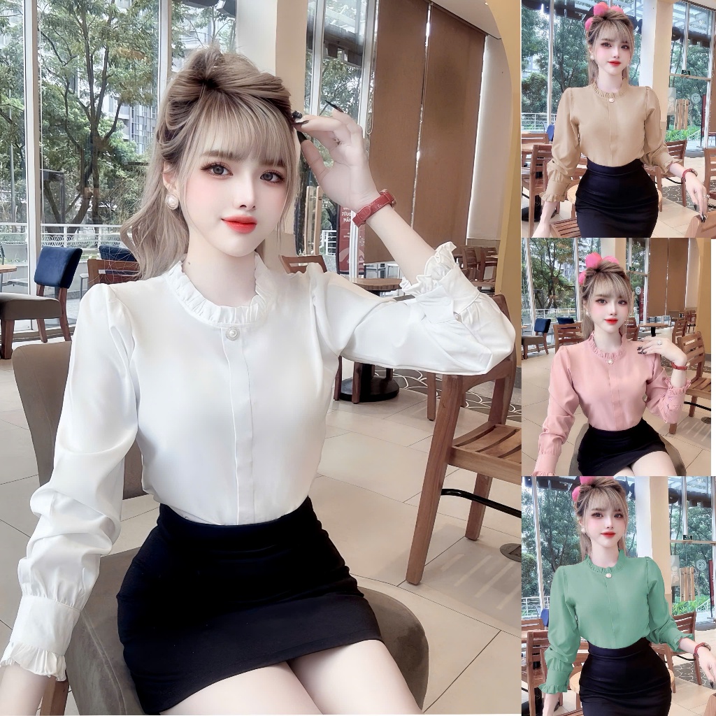 Áo sơ mi công sở tay dài cổ xếp ly