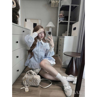 Set đồ nữ,đồ bộ nữ áo sơ mi cổ trắng dài tay kẻ sọc xanh đính nơ nổi phối chân váy ngắn dáng xòe HCOM3097 YuuMi Style