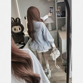 Set đồ nữ,đồ bộ nữ áo sơ mi cổ trắng dài tay kẻ sọc xanh đính nơ nổi phối chân váy ngắn dáng xòe HCOM3097 YuuMi Style