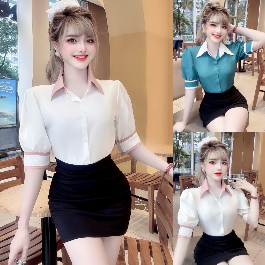 Áo sơ mi nữ thiết kế áo tay ngắn phối màu