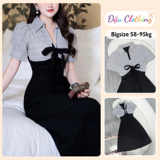 Đầm Đi Tiệc Bigsize Nữ Đầm Dáng Dài Cổ Sơ Mi Phối Dây Buộc Nơ Thanh Lịch Co Giãn G678