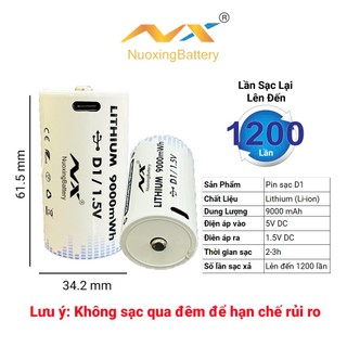 Pin Đại D NUOXING 1.5V Sạc Lại Cổng USB Type-C Dung Lượng 9000mWh – Pin Sạc D Dùng Đèn Pin, Bếp Ga,.
