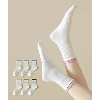 Set 5 Đôi Tất Nữ Cotton Cao Cổ Phối Viền Màu In Chữ SSWH tt52