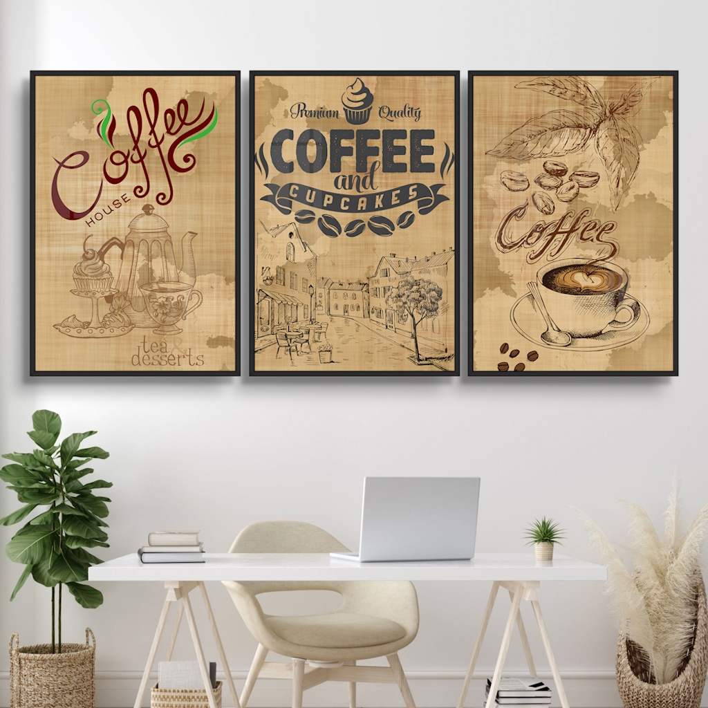 Bộ 3 Tấm Tranh Cafe - Tranh Treo Tường - Decor Không Gian Làm Việc, Quán Cà Phê, Phòng Khách