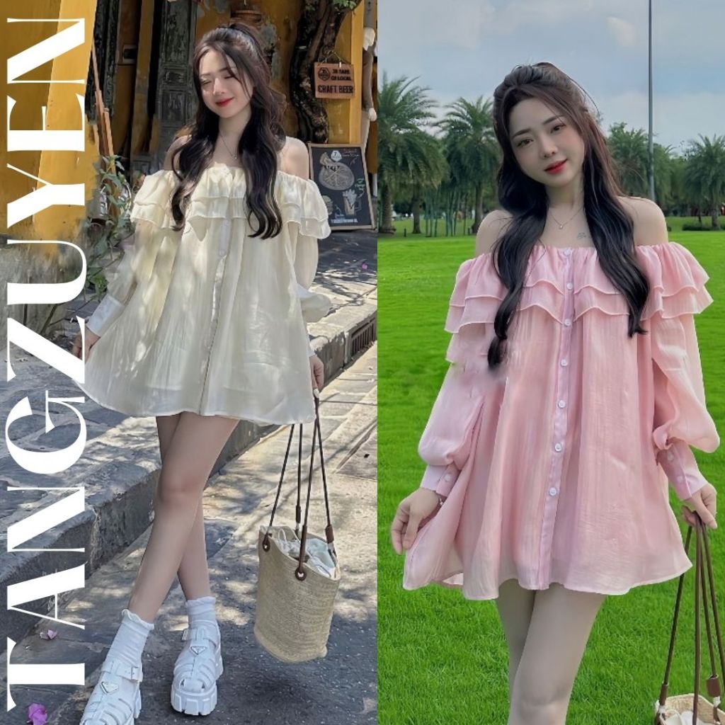 Váy trễ vai bèo tay dài bồng dáng xòe ngắn + quần short đùi trong bảo hộ Set đồ nữ đầm hở vai tiểu thư bánh bèo T347G