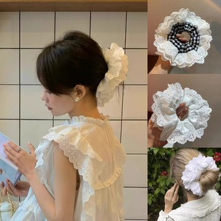 (HÀNG ĐẸP) Dây buộc tóc ren trắng vải cotton to cỡ lớn nhiều lớp, cột tóc scrunchies phối ren đen trắng kiểu Pháp retro