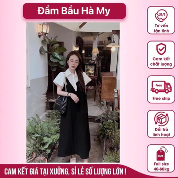 Váy Bầu Sơ Mi, Đầm Sơ Mi Phối Thân Sang Chảnh cổ lệch From Rộng Dáng Dài