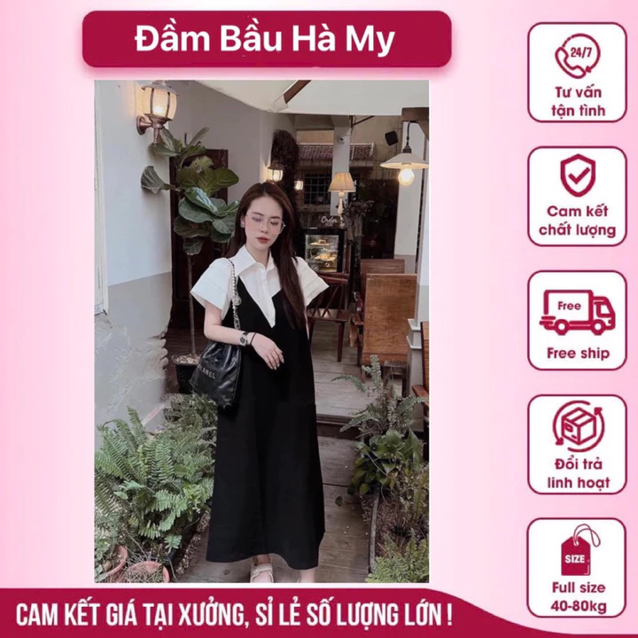 Váy Bầu Sơ Mi, Đầm Sơ Mi Phối Thân Sang Chảnh cổ lệch From Rộng Dáng Dài