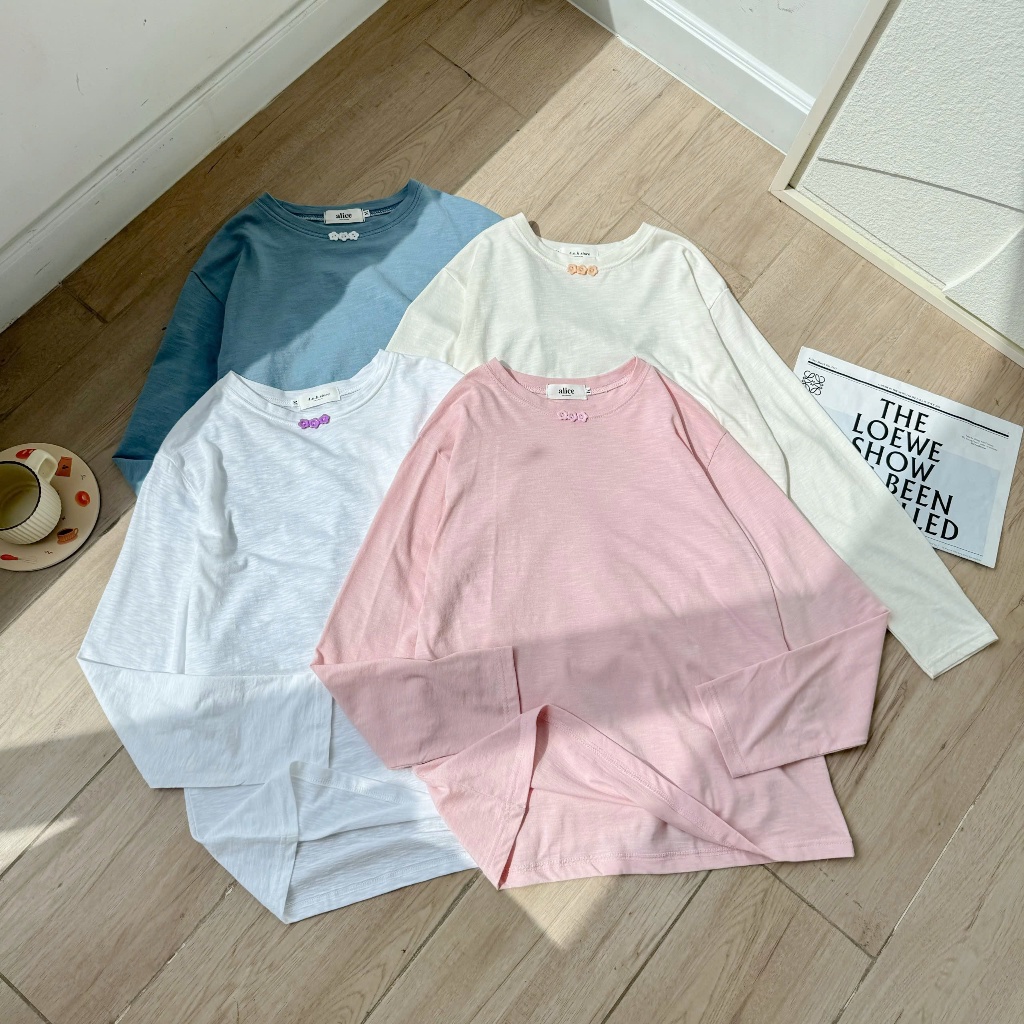 Áo thun Nữ tay dài cài nút hoa cúc JULY fashion, Áo thun dài tay Candy top thời trang trẻ trung,Chất thun xược dán rộng