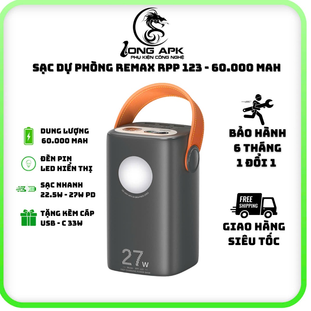 Pin sạc dự phòng REMAX RPP 123 - 60000 mah sạc điện thoại nhanh 27w PD ...