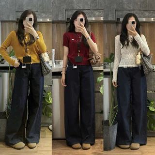 (ẢNH OLDSCHOOL) Quần JEANS MỀM ỐNG RỘNG xanh đậm viền chỉ nổi Q6533