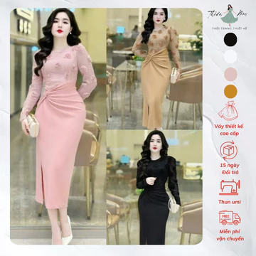Đầm Body Bông Hồng Tay Dài Trẻ Trung, Váy Body Trung Niên Thiết Kế Bigsize Đi Tiệc Sang Trọng Mã Body B69