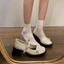Giày búp bê đế cao lolita đính ngọc trai kiểu dáng vintage thời trang hàn quốc ba màu đỏ đô trắng đen