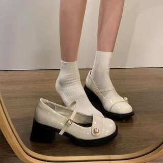 (Lùi 1 sz) Giày búp bê đế cao lolita đính ngọc trai kiểu dáng vintage thời trang hàn quốc ba màu đỏ đô trắng đen