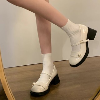(Lùi 1 sz) Giày búp bê đế cao lolita đính ngọc trai kiểu dáng vintage thời trang hàn quốc ba màu đỏ đô trắng đen