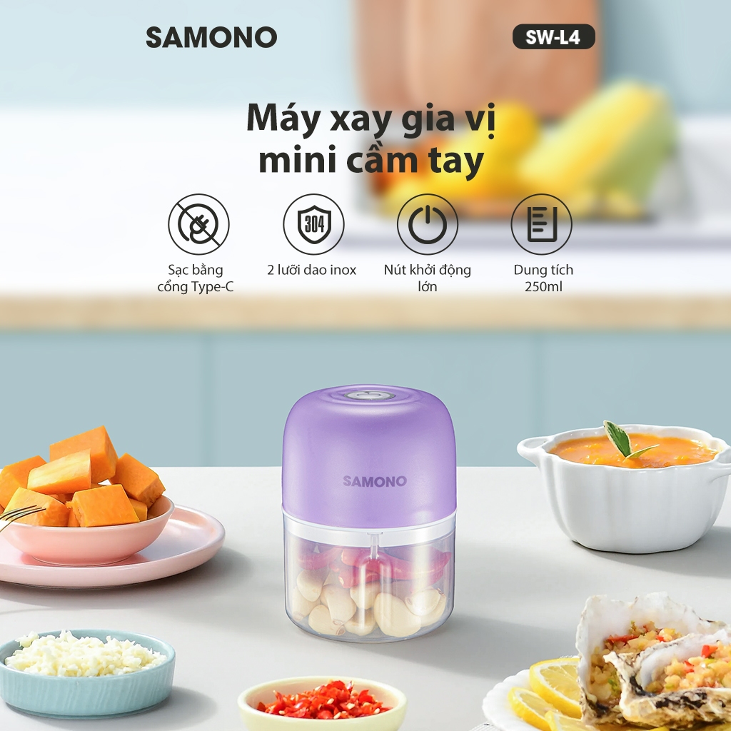 Ảnh Máy xay tỏi ớt cầm tay Samono SW-L4  250ml 30w không dây, dung lượng pin sạc 800 mAh, cổng type C 2