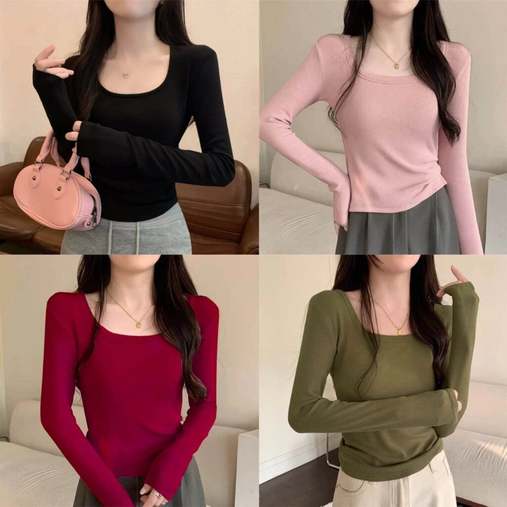 Áo Thun Ôm body Dài Tay Cổ Vuông Basic Thắt Eo Siêu Tôn Dáng Chị Em Mê