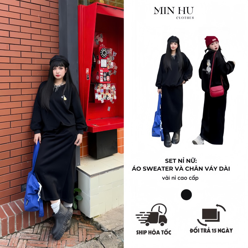 Set nỉ nữ gồm áo sweater và chân váy dài MINHU CLOTHES màu xám, đen ...