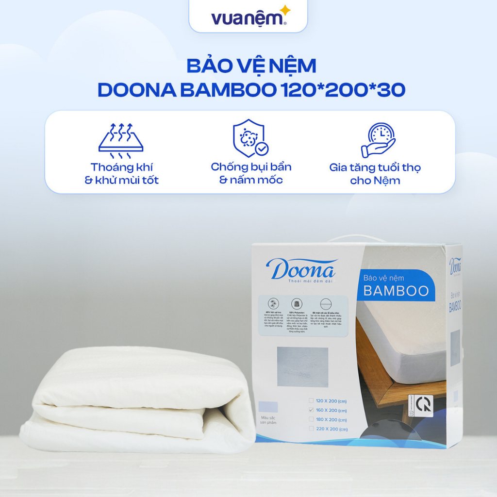 Bảo vệ nệm Doona Bamboo 30cm chống bụi bẩn nấm mốc, khử mùi thoáng khí, thoát nhiệt tối ưu